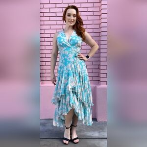 Hutch Blue and Cream High To Low Wrap Dress